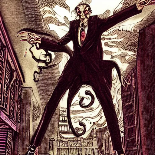 Image similar to Cthulhu as a modern day business man with a family and a drug and gambling addiction, necronomicon is the family Bible , Junji Ito and Greg rutkowski, psychedelic , 50s style infomercial , award winning , retro futuristic