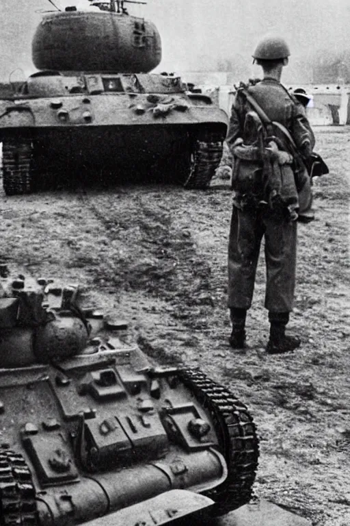 Image similar to A man in power armor stands behind a World War II soldier in a general photo near a tank, old photo, realism, attention to detail