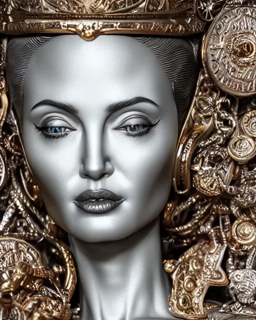 Image similar to highly detailed closeup, face profile portrait of a tin toy angelina jolie as the staue of liberty, bikini, depth of field, nicoletta ceccoli, mark ryden, lostfish, max fleischer, breathtaking, detailed and intricate environment, 8 k resolution, hyperrealistic, octane render