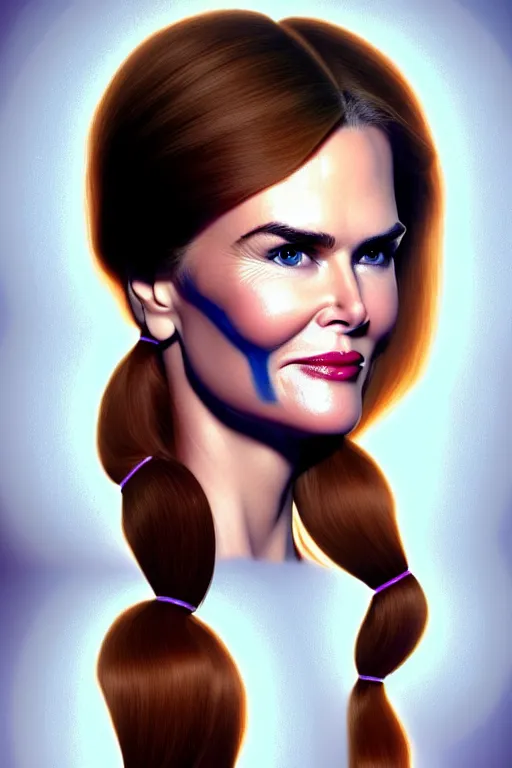 Image similar to mix of beautiful young maria shriver, mariel hemmingway, brooke shields, nicole kidman and elle macpherson as an alien creature, thin lips, hair tied up in a pony tail, dark blonde hair, colorful, artstation, cgsociety