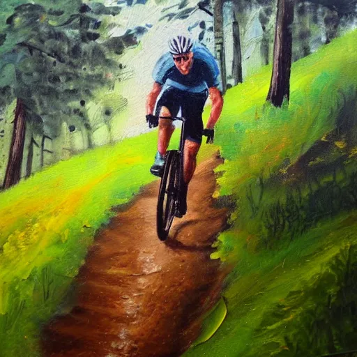 Image similar to man biking up a steep forest hill, sweaty. Oil painting. Emotional. Steep. Trees