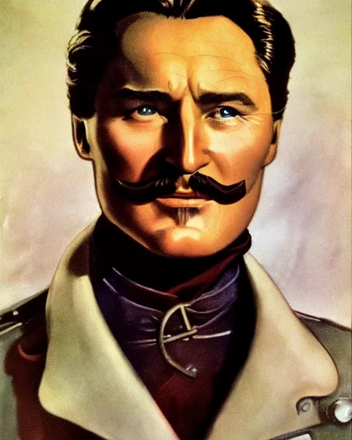 Image similar to Errol Flynn as a scientist. 1980s dystopian Soviet Russia, propaganda screens. Unreal engine, fantasy art by Gustave Courbet. Faithfully depicted facial expression, perfect anatomy global illumination, radiant light, detailed and intricate environment