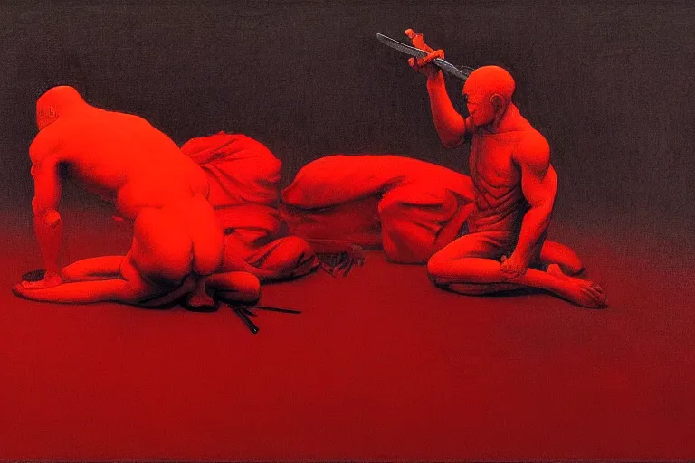 Image similar to only with red, a red samurai do seppuku, tokio, a lot of frogs watch, in the style of beksinski, parts by edward hopper, parts by rodcenko, parts by yue minjun, intricate and epic composition, red by caravaggio, insanely quality, highly detailed, masterpiece, red light, artstation, 4 k