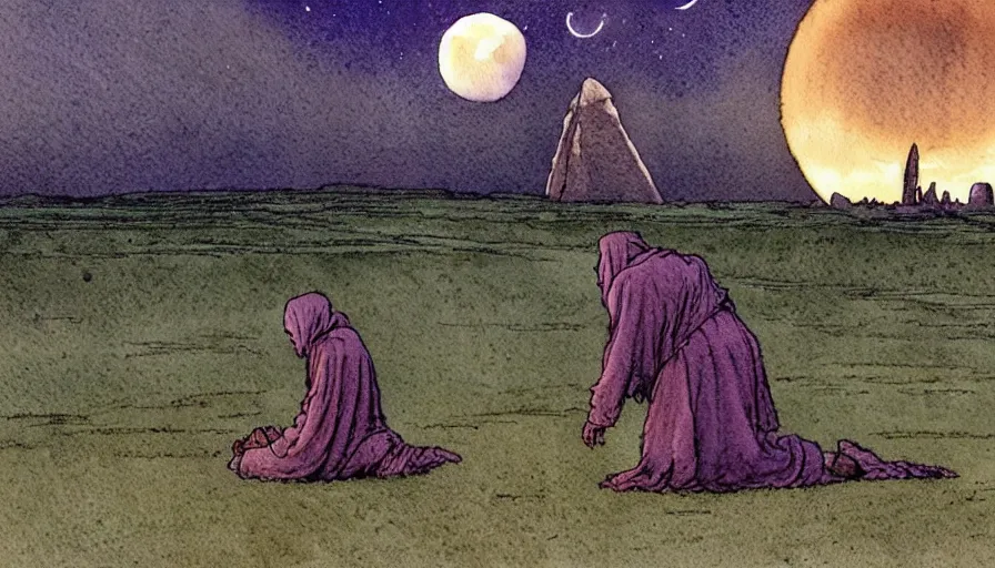 Prompt: a realistic and atmospheric watercolour fantasy concept art of a golden ufo landing in stonehenge. a giant medieval monk in grey robes on his knees praying. a crescent moon in the sky. muted colors. by rebecca guay, michael kaluta, charles vess and jean moebius giraud