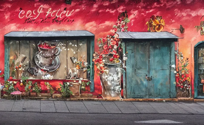 Prompt: a beautiful photo of coffe cup painted on the metal curtain of a shop on the street, mural, art