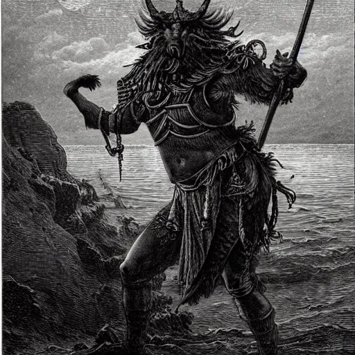 Image similar to anthropomorphic moose barbarian humanoid by gustave dore, pirate ship, sea, fantasy