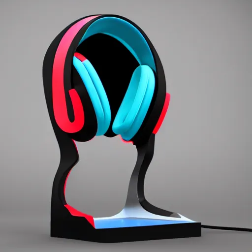 Image similar to wireless headphone stand, futuristic, techno, cyberpunk, product design, render, concept, fun, neon, modern