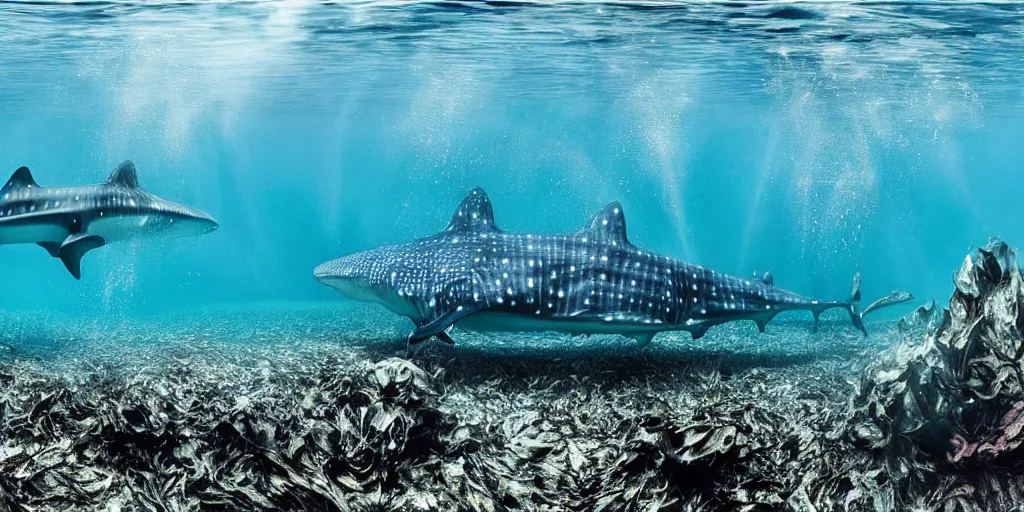 Prompt: hyperrealistic underwater photography, panoramic picture of an ocean floor with in the distance are some whale sharks. focus on the sharks. the sharks are anatomically correct and highly detailed. lots of bubbles. seaweed and some rocks. gloomy scattered light entering from the water surface, trending on artstation, hq, 4 k