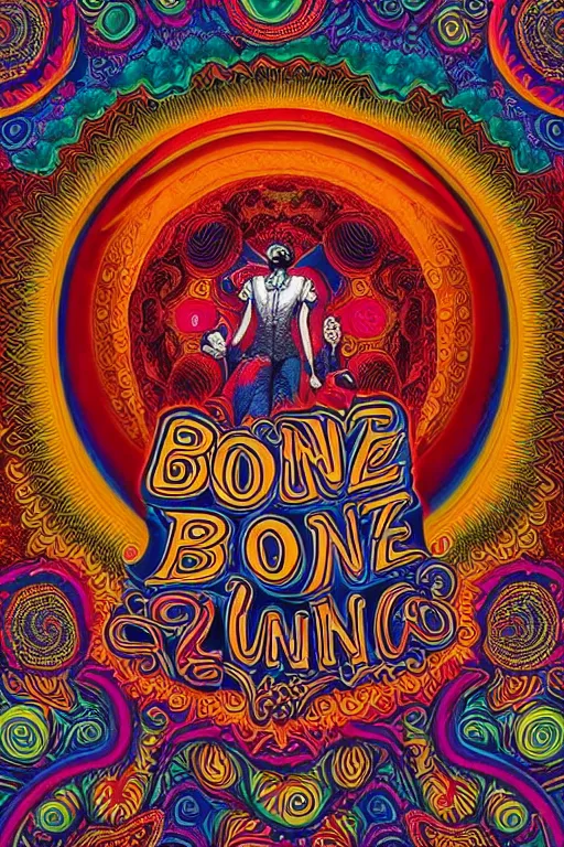 Image similar to Flowing lettering that says The Bozone, Fillmore concert poster for The Bozone by Robert Crumb, by Victor Moscoso, by Laurie Lipton, black light velvet poster, intricate paisley filigree, Bozo the clown. Clown motif, Shiny bulbous red clown nose at the center of an infinite fractal mandala tunnel of clowns, Unreal Engine, Cryengine, Artstation