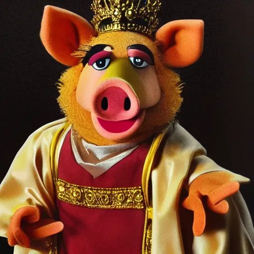Image similar to isolated photo realistic of muppets pig king on throne portrait of the by Caravaggio, realistic, award winning, cinematic