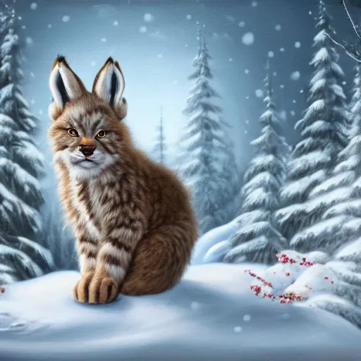 Image similar to cute fluffy hybrid animal cross between a baby lynx and lop eared bunny rabbit sitting in a snowy landscape detailed painting 4 k