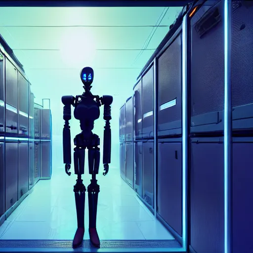Prompt: hyperrealism stock photo of highly detailed stylish humanoid robot in sci - fi cyberpunk style by gragory crewdson and vincent di fate with many details by josan gonzalez working in the highly detailed data center by mike winkelmann and laurie greasley rendered in blender and octane render