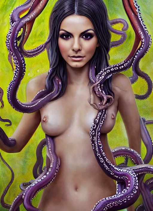 Prompt: a painted statue made of marble of Victoria Justice as the Goddess of tentacles clothed in silk looking at you intensely with seductively serious eyes while being embraced by slimy tentacles from the Squid King. ultra detailed painting at 16K resolution and epic visuals. epically surreally beautiful image. amazing effect, image looks crazily crisp as far as it's visual fidelity goes, absolutely outstanding. vivid clarity. ultra. iridescent. mind-breaking. mega-beautiful pencil shadowing. beautiful face. Ultra High Definition.