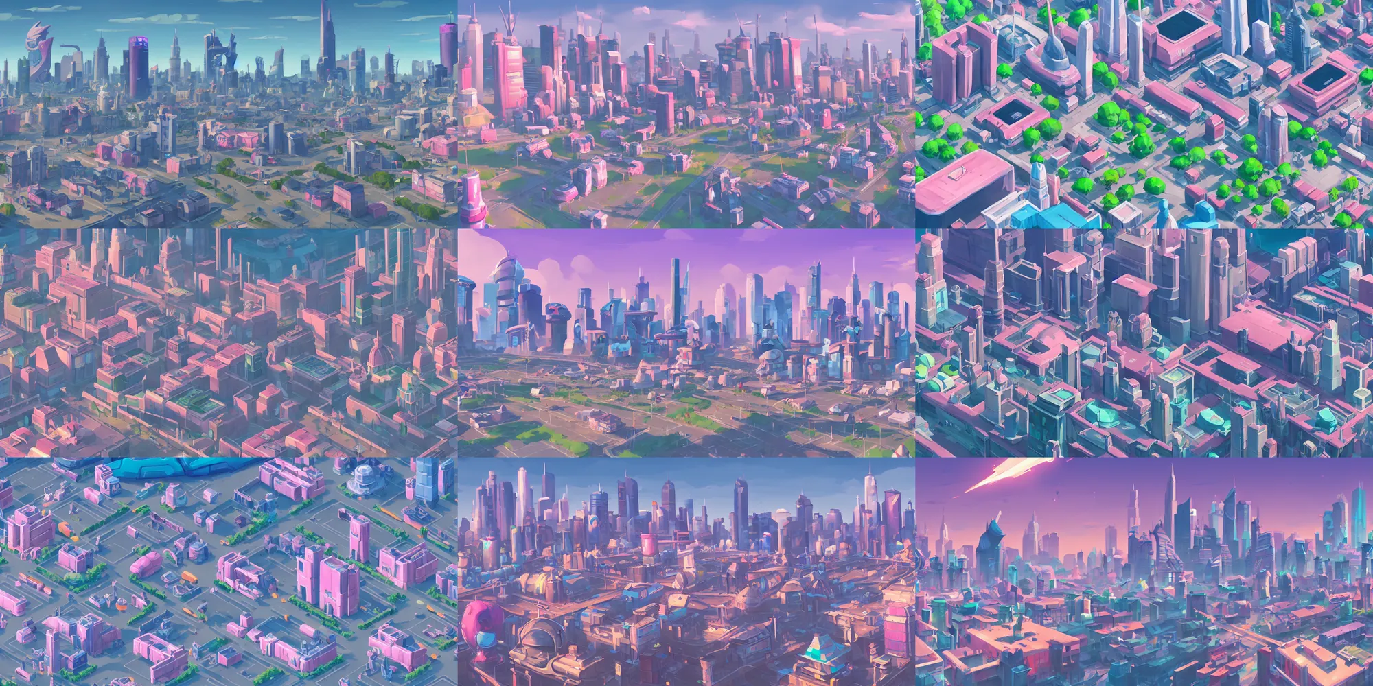 Prompt: game asset of city skyline, in gouache detailed paintings, props, stylized, 2 d sprites, kitbash, arcane, overwatch, blue and pink color scheme, 8 k, close up