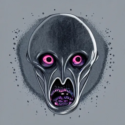 Image similar to viscuous liquid dripping from a cancerous alien face in a futuristic grey environment