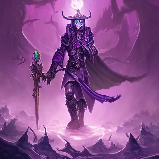 Image similar to a necromancer holding a bone staff calling an army of undead rising from the ground in the background, violet theme, hearthstone art style, epic fantasy style art, fantasy epic digital art, epic fantasy card game art