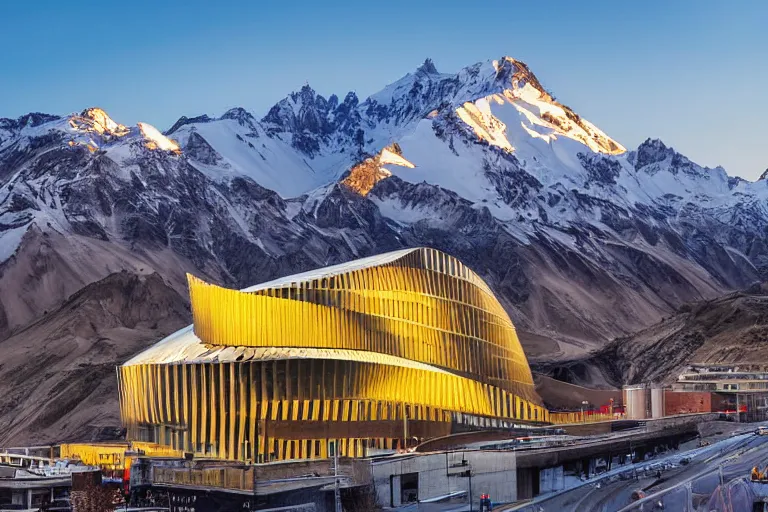 Prompt: architecture photo modern fachwerk giant opera building settlement with Elbrus mountain on the background, architecture, photorealism 8k , shining and happy atmosphere, uplight, high details