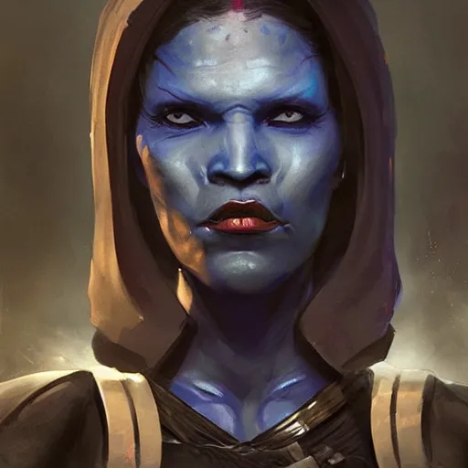 Image similar to portrait of a female Twi'lek sith by Greg Rutkowski, blue skin, she is about 30 years old, wearing black sith uniform, Star Wars Expanded Universe, highly detailed portrait, digital painting, artstation, concept art, smooth, sharp foccus ilustration, Artstation HQ