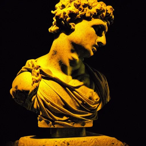 Prompt: an ancient Roman bust engulfed in flames in a pitch black room, high contrast, black, realistic