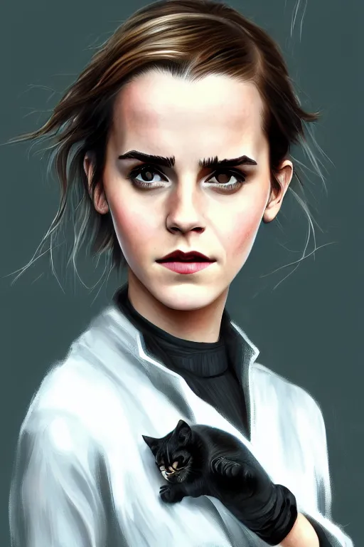 Prompt: a selfie of Emma Watson as a cat in the Matrix, fantasy, intricate, young and cute girl, highly detailed, digital painting, artstation, concept art, smooth, sharp focus, illustration