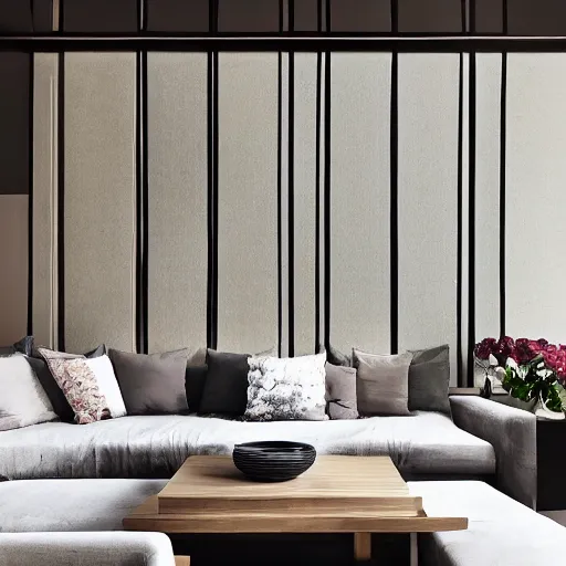 Image similar to lounge and dining room, stone, interior design, stylish luxury hotel living room design, yakisugi, black vertical slatted timber, textures, feminine, black walls, art, Japanese pottery vase with flowers, kakejiku, seasonal, Japanese influences