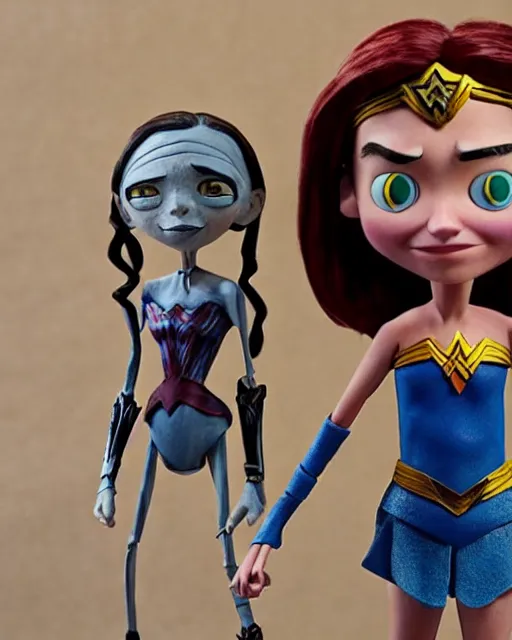 Image similar to steve buscemi ’ s wonder woman as a highly detailed stop motion puppet, in the style of laika studios ’ s paranorman, coraline, kubo and the two strings shot in the style