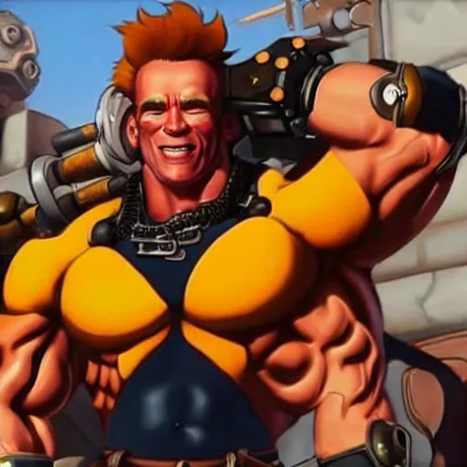 Image similar to a screenshot of arnold schwarzenegger as junkrat in overwatch