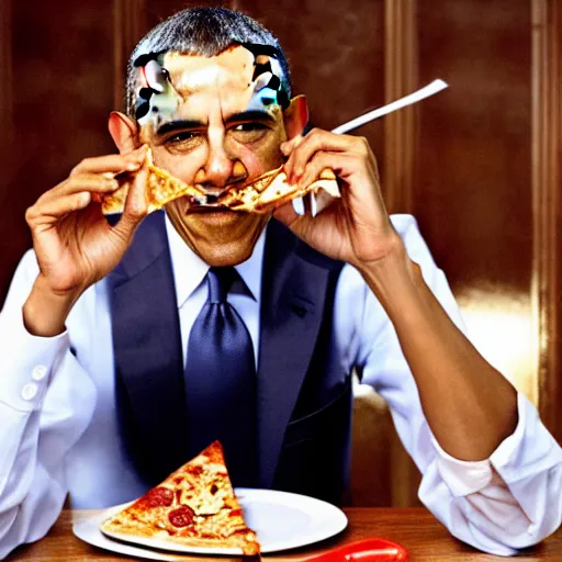 Image similar to obama elegantly eating pizza with a knife and fork