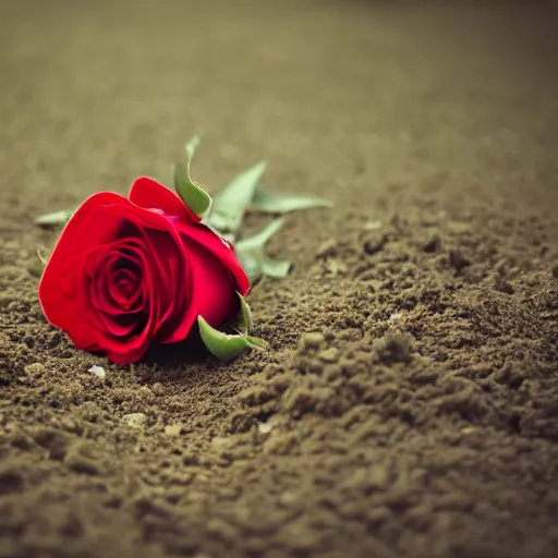 Prompt: a red rose, on a dirt grave, photography, faded