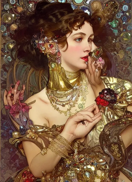 Prompt: an woman in an elaborate and ornate dress lies surrounded by jewels. painting by artgerm and greg rutkowski and alphonse mucha.