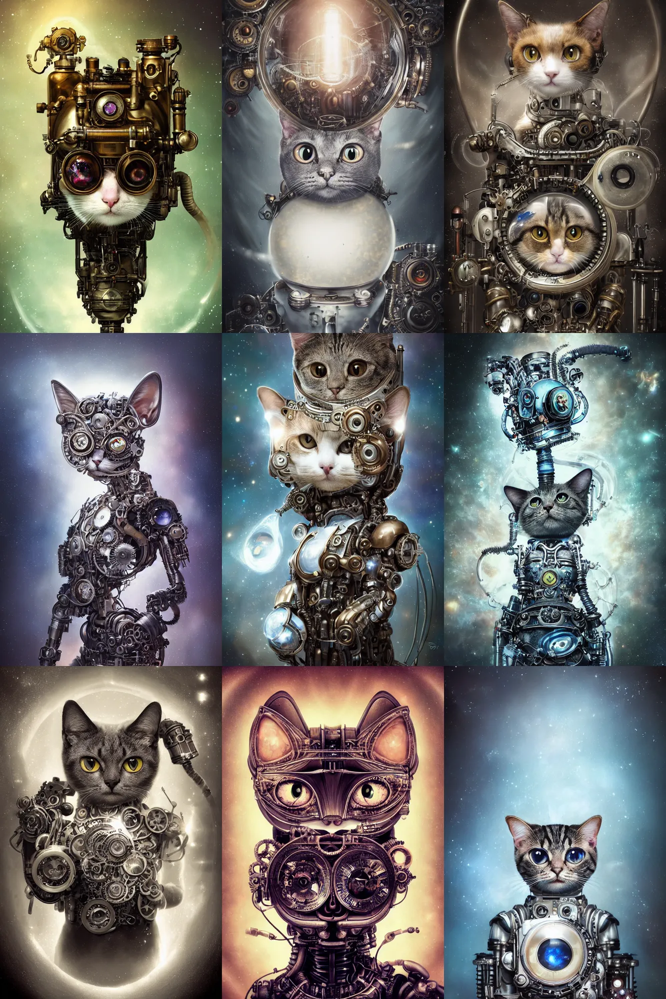 Image similar to a beautiful intricate fine art portrait photo of a a mechanical industrial steampunk cybernetic cute cat with large eyes against galactic space, soft backlight, by tom bagshaw and zach sutton, perfection!, milk bath photography, studio lighting, 5 0 mm lens, very detailed, bionic, cybernetic scifi, deep depth of field, artstation, 8 k, highly coherent