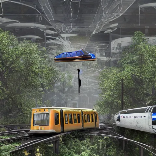 Image similar to a floating metro flying through an overgrown abandoned city