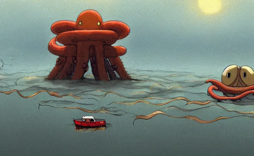 Image similar to a realistic cell - shaded studio ghibli concept art from paprika ( 2 0 0 6 ) of a flying multi - colored octopus from close encounters of the third kind ( 1 9 7 7 ) and small boat in a flooded stonehenge on a misty starry night. very dull colors, wide shot, hd, 4 k, hq