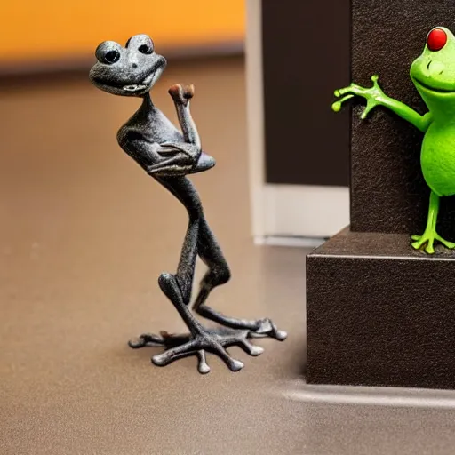 Image similar to a small frog standing on two feet at the hotel reception entry, claymation, aardman animation