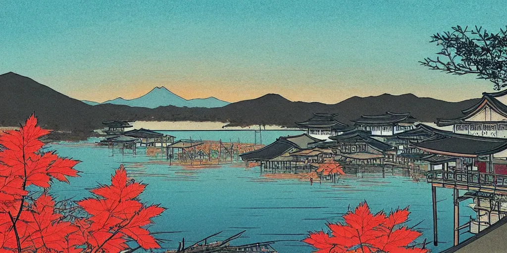 Image similar to 🍁 🌅 ⛩ 🍂. shin - hanga.