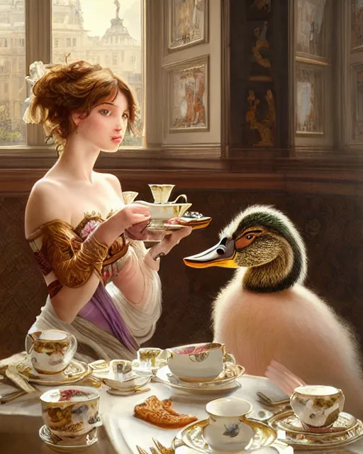 Image similar to Portrait of Anya Anasova & a mallard & a pig having tea at the Ritz, real life skin, intricate, elegant, highly detailed, artstation, concept art, smooth, sharp focus, art by artgerm and greg rutkowski and alphonse mucha