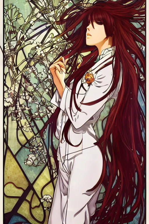 Prompt: Kurisu Makise in flowing lab coat tonemapped in the style of Ayami Kojima and Alphonse Mucha