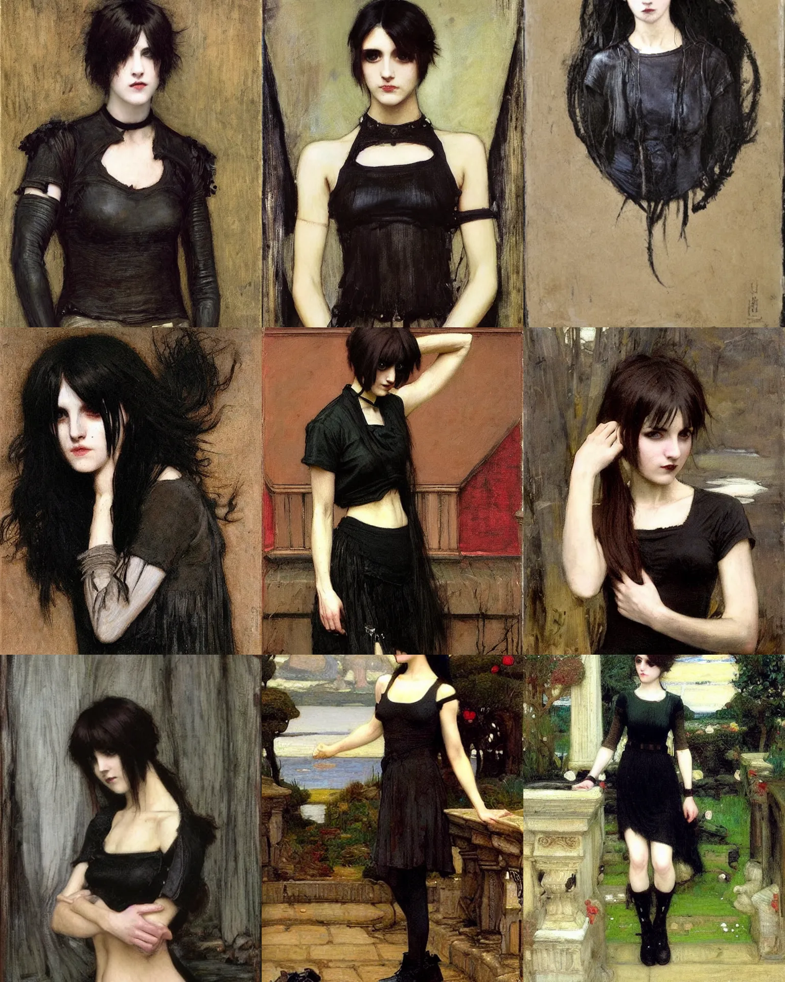 Prompt: A goth painted by John William Waterhouse. Her hair is dark brown and cut into a short, messy pixie cut. She has a slightly rounded face, with a pointed chin, large entirely-black eyes, and a small nose. She is wearing a black tank top, a black leather jacket, a black knee-length skirt, a black choker, and black leather boots.