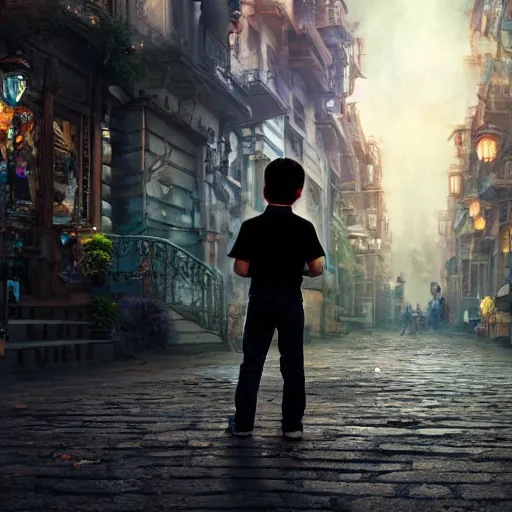 Image similar to the back of a boy standing in the streets of a fantastical fantasy city, extremely detailed and photorealistic, 8k