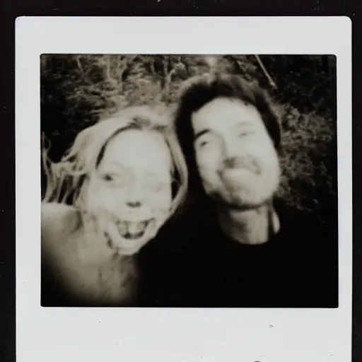 Prompt: polaroid of a happy couple looking into the camera during a zombie apocalypse