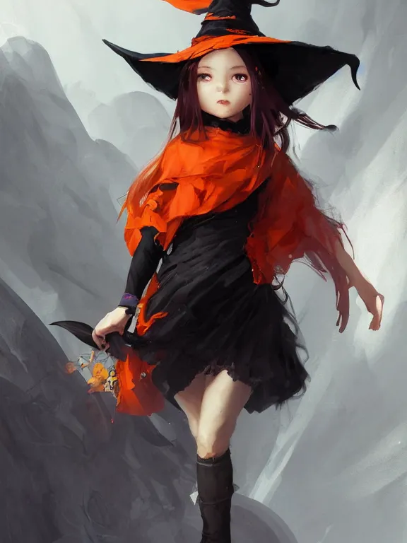 Image similar to Full shot of a cute mischievous young witch about to get up to some trouble. Black and Orange palette. By Ruan Jia and Artgerm and Range Murata and WLOP and CLAMP. Key Art. Fantasy Illustration. award winning, Artstation, intricate details, realistic, Hyperdetailed, 8k resolution.