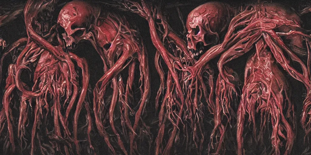 Prompt: a blood-oozing amorphous bloody meat blob composed of muscle, numerous limbs, countless self-repeating human and animal skulls, and writhing veins and intestines, lurking in the darkness in a dark corridor, cinematic, high-quality, in color
