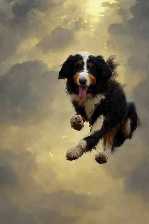 Image similar to beautiful oil painting portrait of ancient bernedoodle dog hovering in the air levitating and ascending in stations of the cross pose, art by anders zorn, wonderful masterpiece by greg rutkowski, expressive brush strokes, beautiful cinematic light, american romanticism by greg manchess, jessica rossier