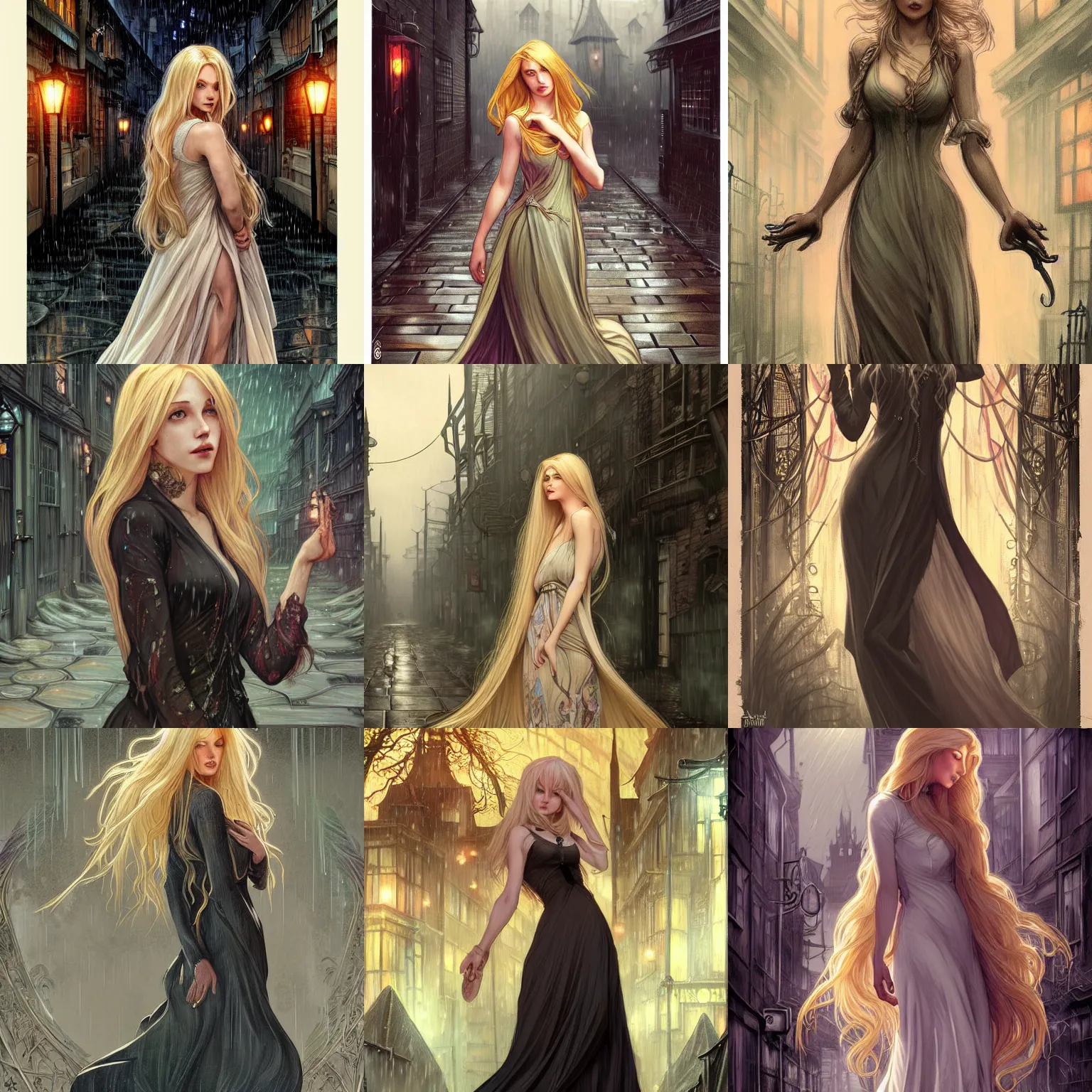 Prompt: a gorgeous woman with long light-blonde hair wearing a long dress, standing in the rain street of arkham town, 1920, lovecraft horror, highly detailed, digital painting, artstation, sharp focus, illustration, art by artgerm and alphonse mucha