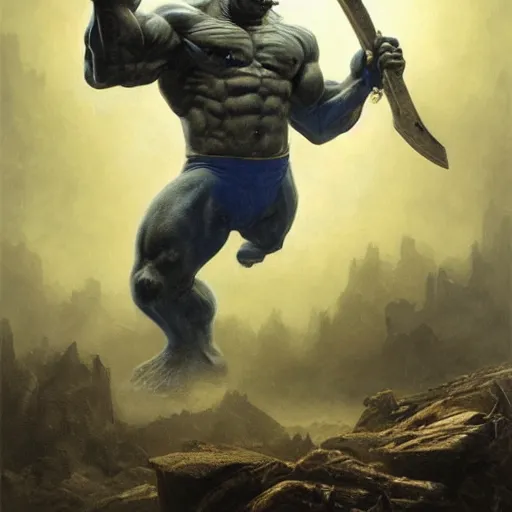 Image similar to artstation concept a midnight blue hulk holding an axe, dusty brown background, grotesque face, hyperdetailed, artstation trending, world renowned artists, worth 1 0 0 0. com, historic artworks society, antique renewel, cgsociety, by greg rutkowski, by gustave dore, deviantart