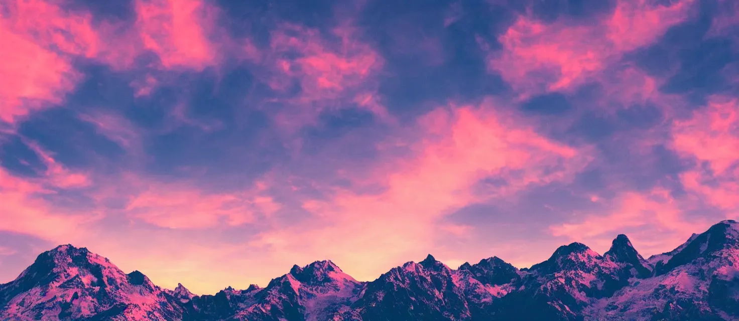 Image similar to beautiful mountain landscape, vaporwave, sunset, professional photography