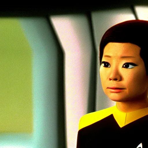 Prompt: still closeup photo of Star Trek The Next Generation 1991 episode with Kagura from Azumanga Daioh