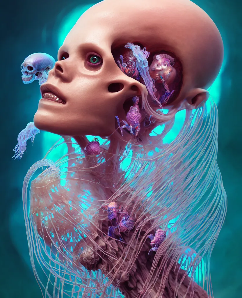 Image similar to goddess close - up portrait human skeleton, ram skull, jellyfish, orchid, betta fish, bioluminiscent, intricate artwork by tooth wu and wlop and beeple. octane render, trending on artstation, greg rutkowski very coherent symmetrical artwork. cinematic, hyper realism, high detail, octane render, 8 k