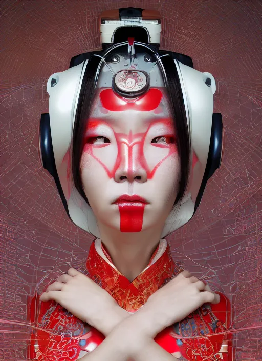 Prompt: portrait of a futuristic geisha cyborg, with a red kimono with japanese golden signs written on it, kintsugi, modern fine art, fractal, intricate, elegant, highly detailed, digital photography, parallax, subsurface scattering, in the style of ghost, by jheronimus bosch and yue minjun and greg rutkowski,