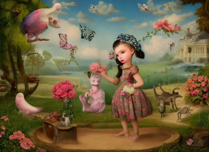 Image similar to 🦩🪐🐞👩🏻🦳, lowbrow, 8 k, matte painting, in the style of mark ryden,